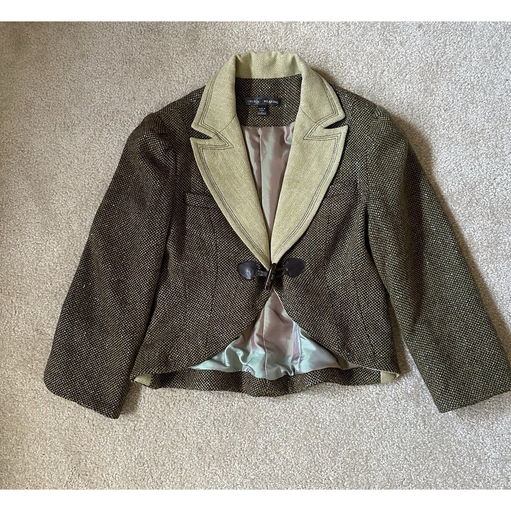 True Meaning Y2K Wool Blend Herringbone Blazer Jacket Toggle Detail Women's 6